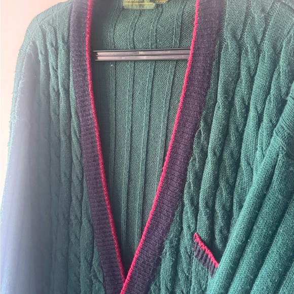 Vintage 1990’s Cable Knit Cardigan – Green with Red & Navy Trim (Club 1440 ) - Picture 3 of 5